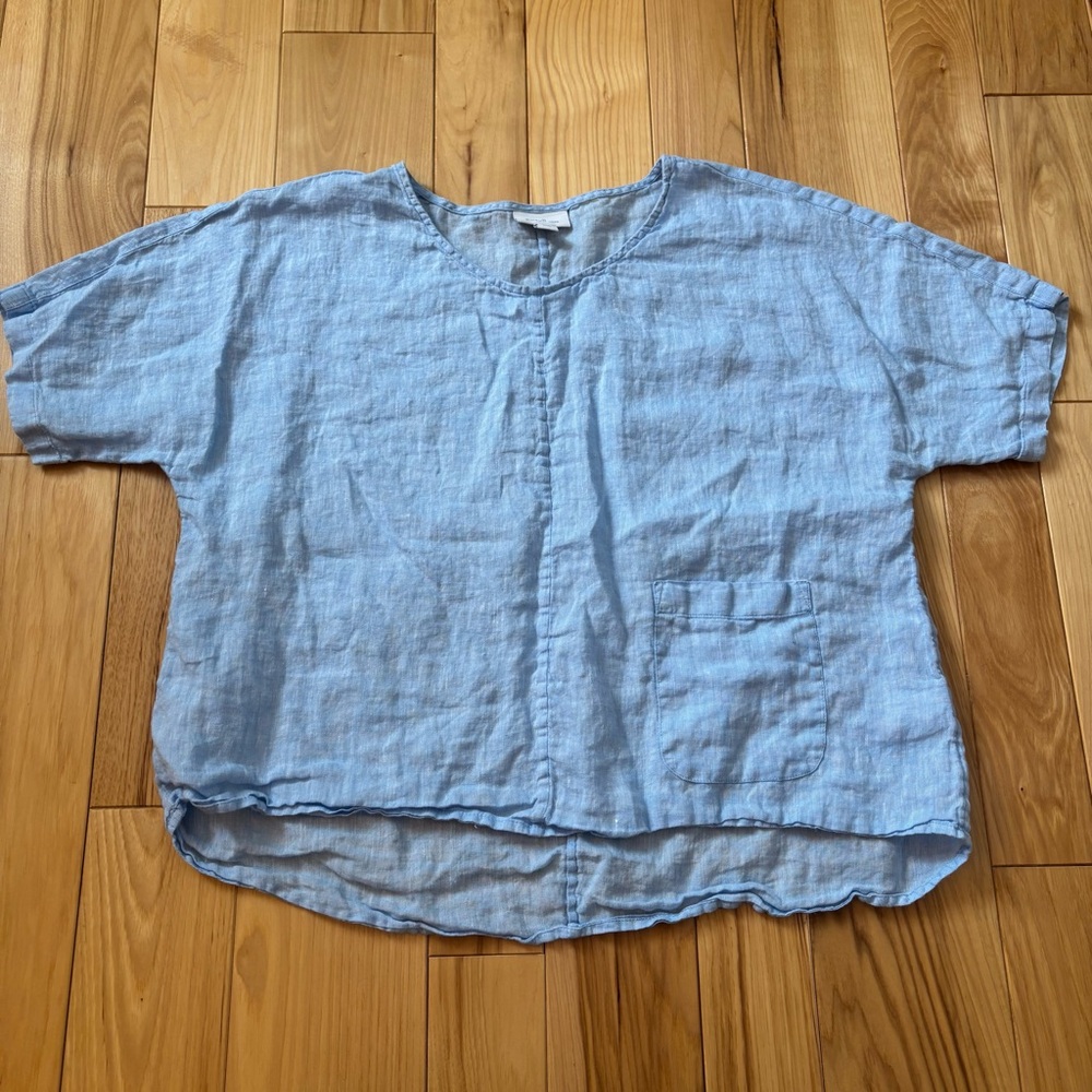 J. Jill Pure Jill Linen Blue Front Pocket Accent Short Sleeve Top Small Petite